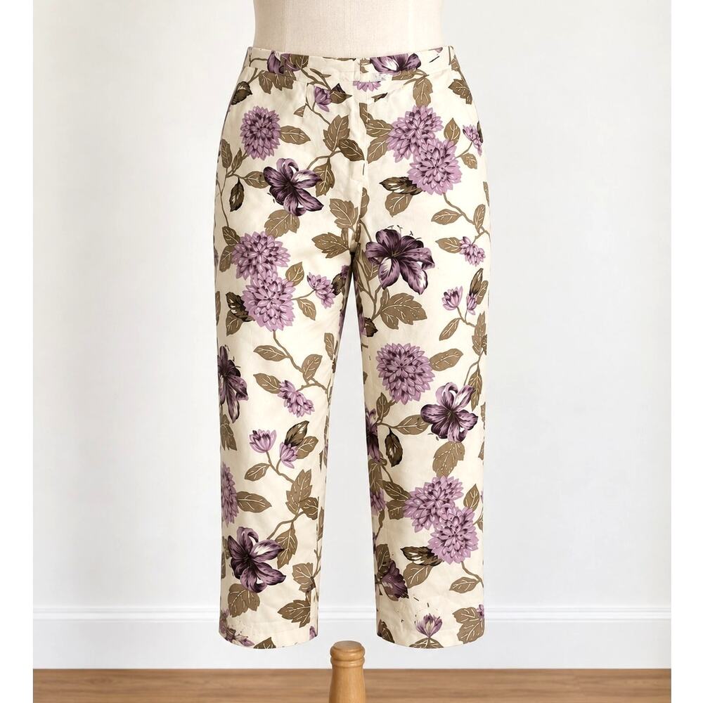 Vintage Silk Floral Capri Pants Purple Cream High Rise Cropped Size 16 Petite